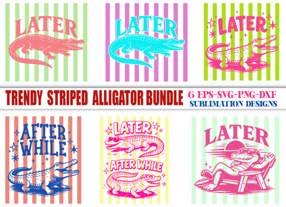 Striped Funny Alligator PNG Bundle Later